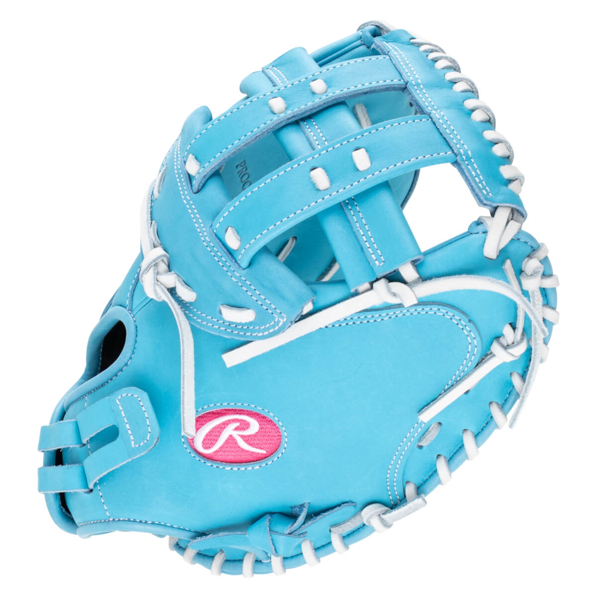 Front view of a bright blue baseball glove with white lacing and a pink Rawlings "R" logo.