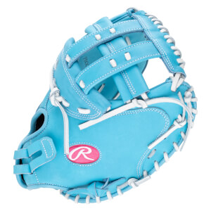 Front view of a bright blue baseball glove with white lacing and a pink Rawlings "R" logo.