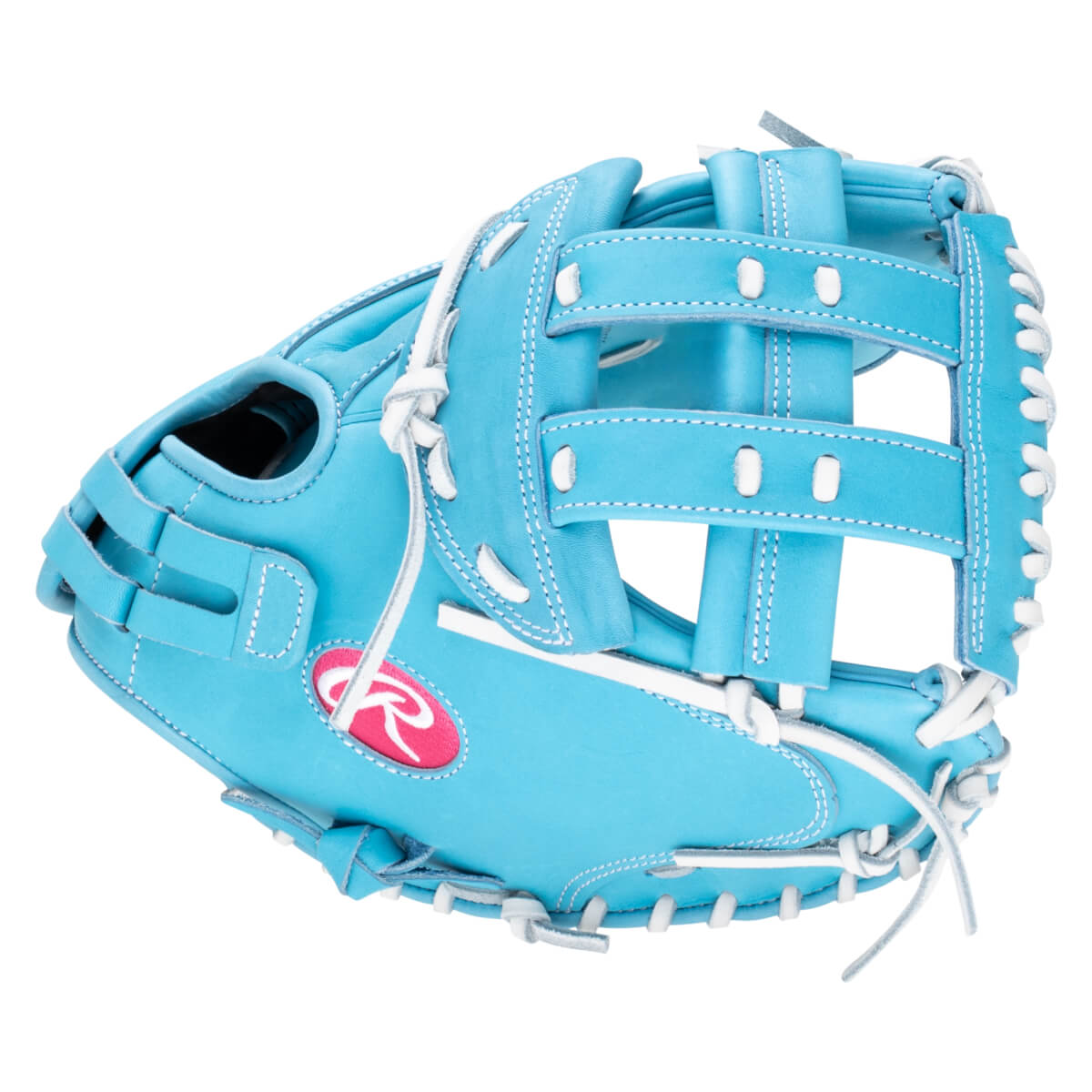 Side view of a bright blue baseball glove with white stitching and a pink Rawlings logo.