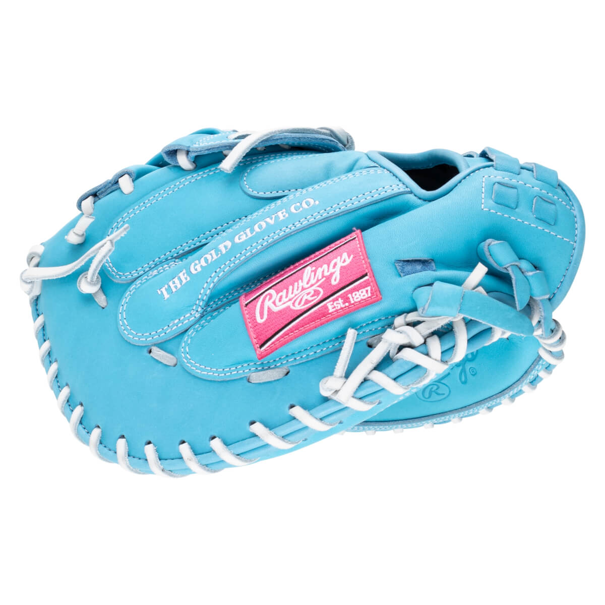 Top-down view of a bright blue baseball glove with white lacing and a pink Rawlings logo.