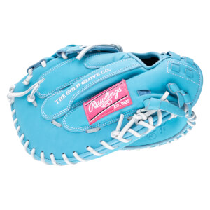 Top-down view of a bright blue baseball glove with white lacing and a pink Rawlings logo.