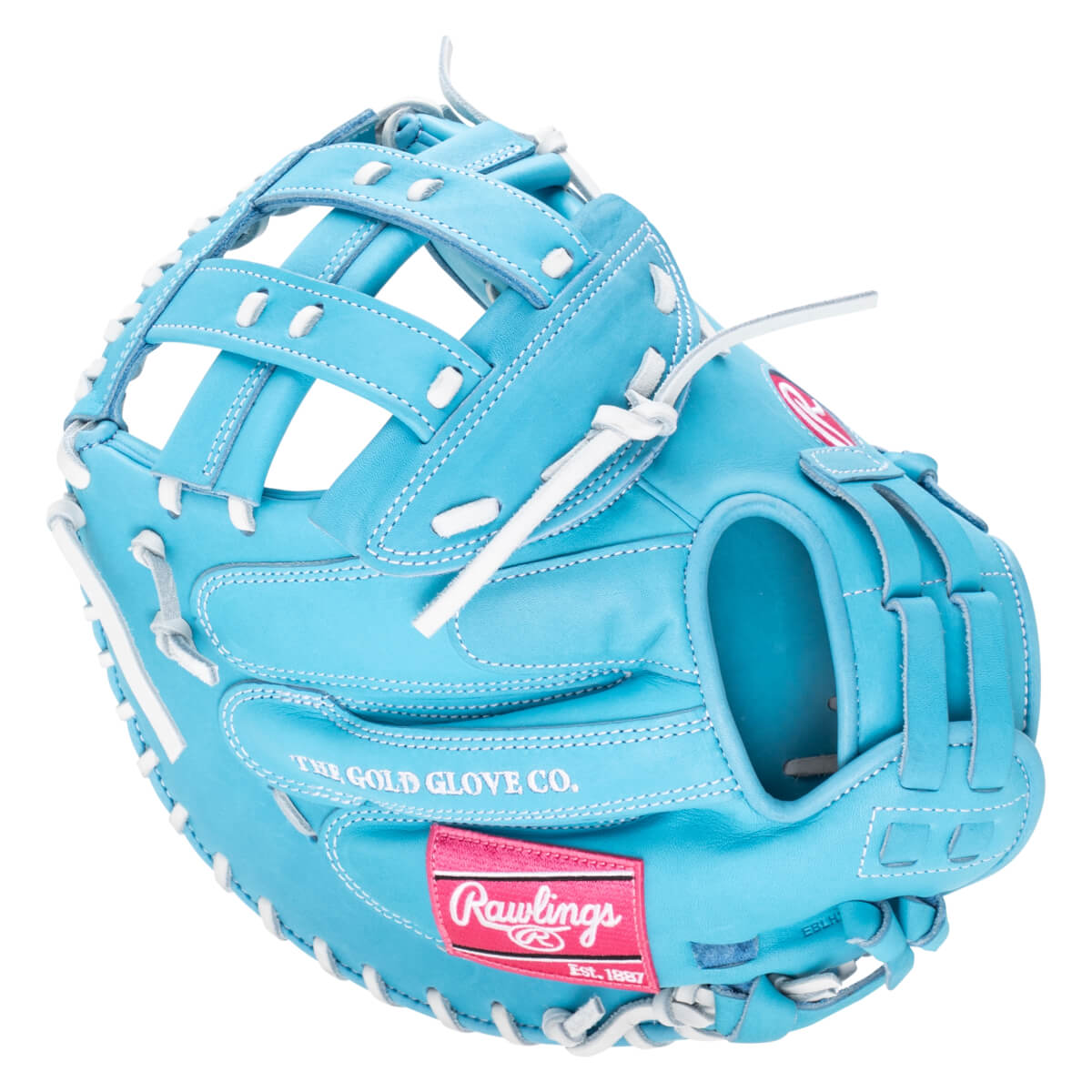 Front view of a light blue baseball glove with white lacing and a pink Rawlings logo tag.