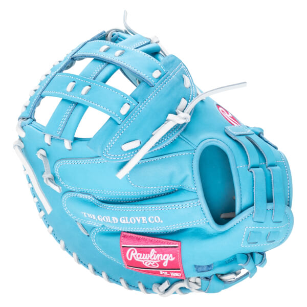 Front view of a light blue baseball glove with white lacing and a pink Rawlings logo tag.