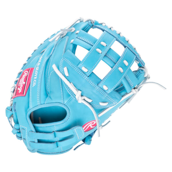 Side view of a bright blue Rawlings baseball glove with white stitching and a pink Rawlings logo.
