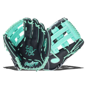 Front view of a black Rawlings baseball glove with teal lacing and "Heart of the Hide" logo.