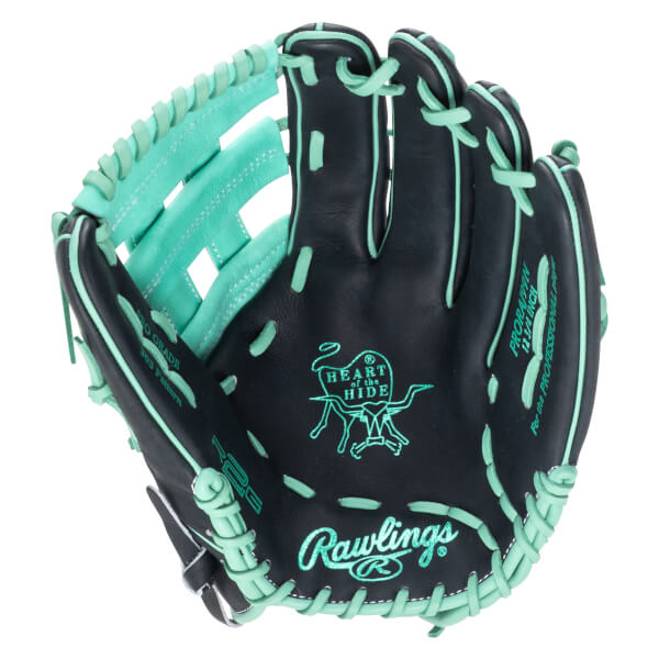 Top-down view of a black Rawlings baseball glove with mint green lacing and stitching, featuring the "Rawlings" logo and "Heart of the Hide" emblem.