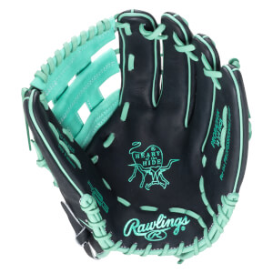Top-down view of a black Rawlings baseball glove with mint green lacing and stitching, featuring the "Rawlings" logo and "Heart of the Hide" emblem.