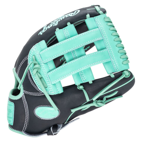 Side view of a black Rawlings baseball glove with mint green laces and webbing, featuring "Rawlings" script.