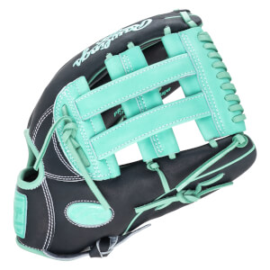 Side view of a black Rawlings baseball glove with mint green laces and webbing, featuring "Rawlings" script.