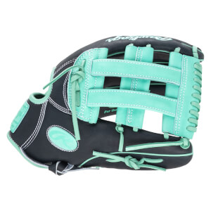 Side view of a black and teal Rawlings baseball glove with white stitching and a Rawlings logo.