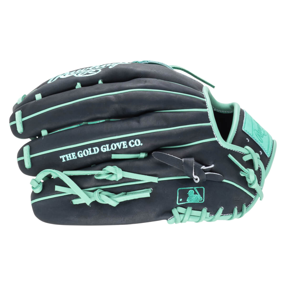 Front view of a black baseball glove with teal stitching and laces, featuring "THE GOLD GLOVE CO." text and MLB logo.