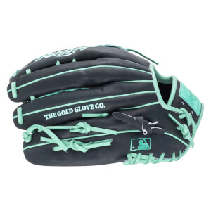 Front view of a black baseball glove with teal stitching and laces, featuring "THE GOLD GLOVE CO." text and MLB logo.