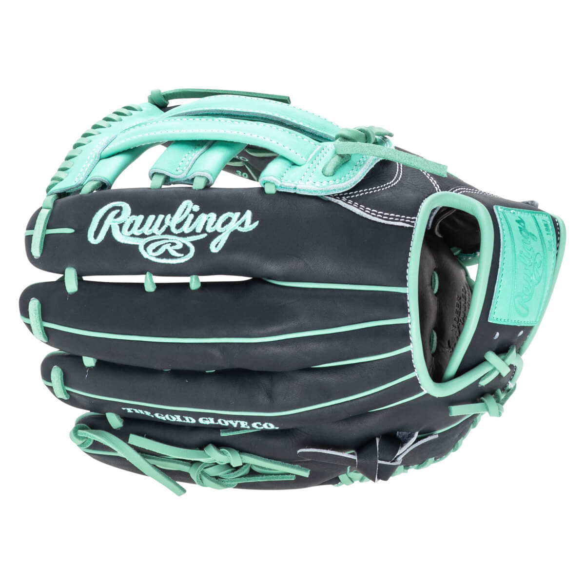Front view of a dark gray Rawlings baseball glove with mint green lacing and stitching, featuring "Rawlings" script logo.
