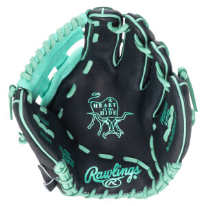 Top-down view of a black baseball glove with mint green lacing and stitching, featuring the Rawlings logo and "Heart of the Hide" emblem.