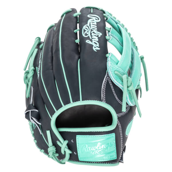 Front view of a black and teal Rawlings baseball glove with "Rawlings" logo on the palm.