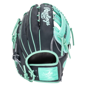 Front view of a black and teal Rawlings baseball glove with "Rawlings" logo on the palm.