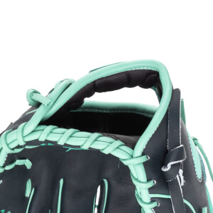 Close-up of a black baseball glove with mint green lacing and trim, showing the thumb and index finger area.