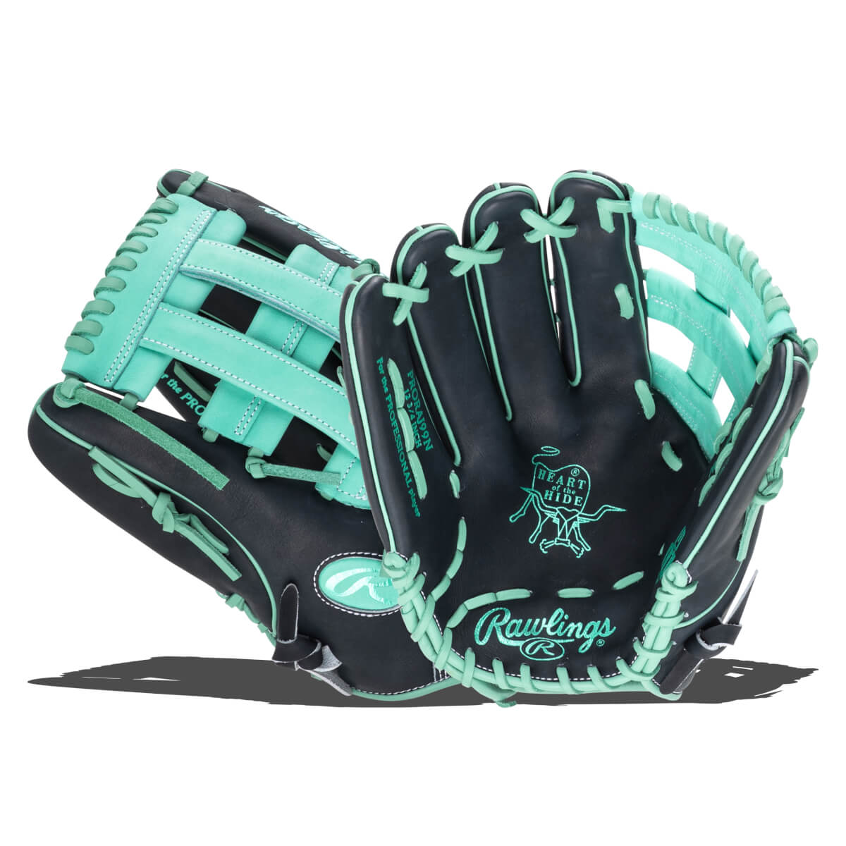 Front view of a black and teal Rawlings baseball glove with "Rawlings" and "Heart of the Hide" logos.