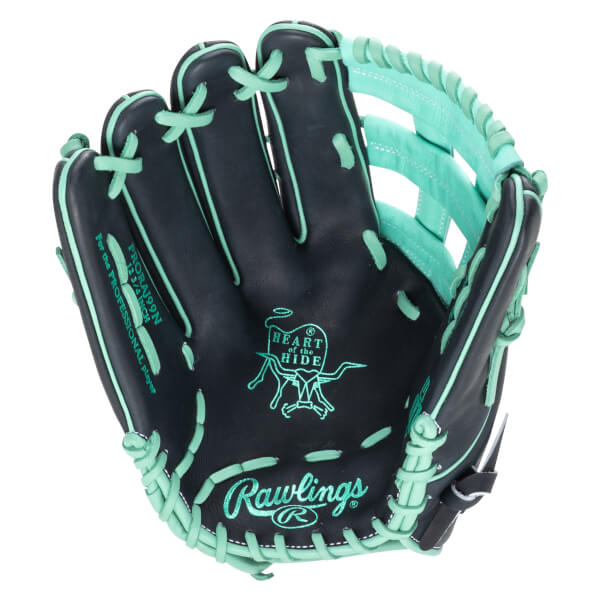 Front view of a black baseball glove with mint green lacing and stitching, featuring "Rawlings" and "Heart of the Hide" logos.