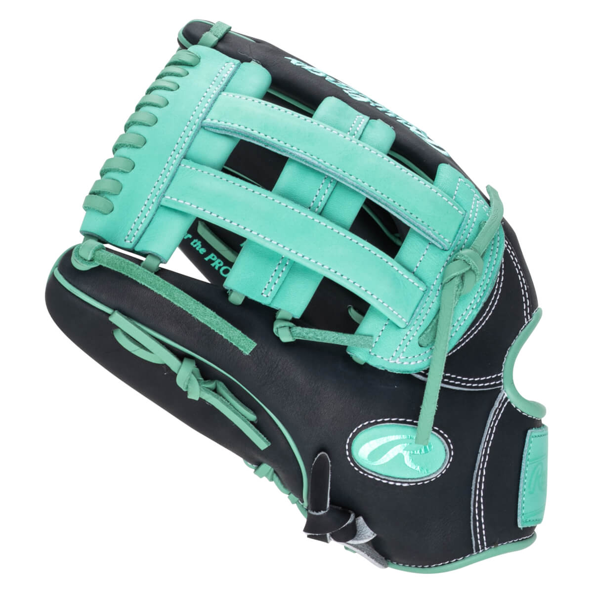 Side view of a black and teal Rawlings baseball glove with "Rawlings" logo and "for the PRO" text.