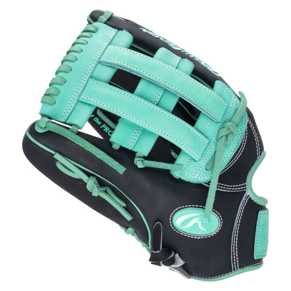 Side view of a black and teal Rawlings baseball glove with "Rawlings" logo and "for the PRO" text.