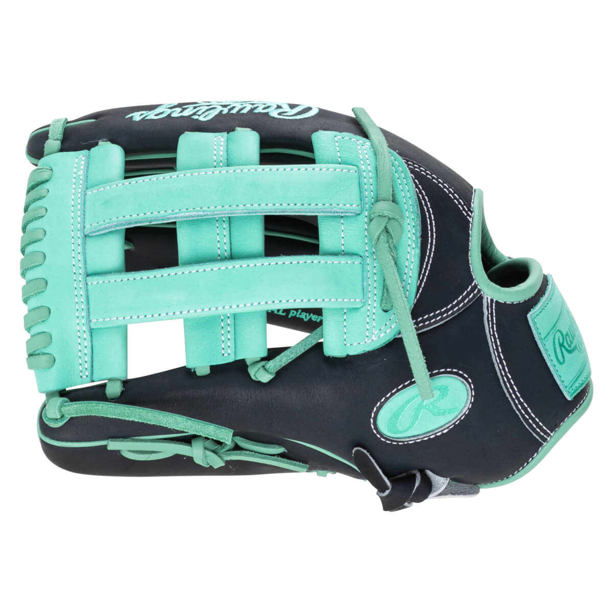 Side view of a black and teal Rawlings baseball glove with "Rawlings" script and "RL player" text.