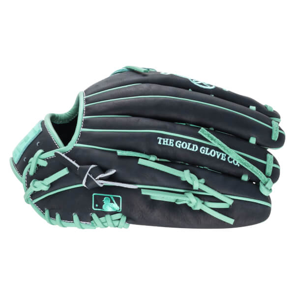 Side view of a black baseball glove with mint green lacing and trim, featuring "THE GOLD GLOVE CO." text and an MLB logo.