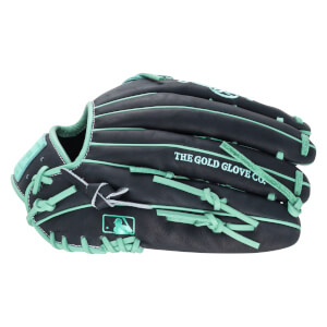 Side view of a black baseball glove with mint green lacing and trim, featuring "THE GOLD GLOVE CO." text and an MLB logo.