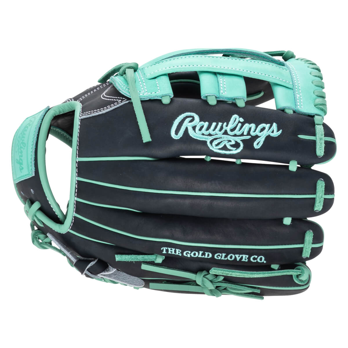 Front view of a black Rawlings baseball glove with mint green accents, featuring "Rawlings" script and "THE GOLD GLOVE CO." text.
