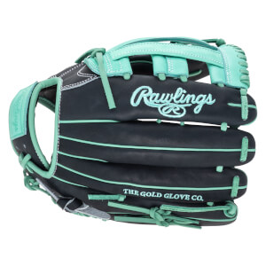 Front view of a black Rawlings baseball glove with mint green accents, featuring "Rawlings" script and "THE GOLD GLOVE CO." text.