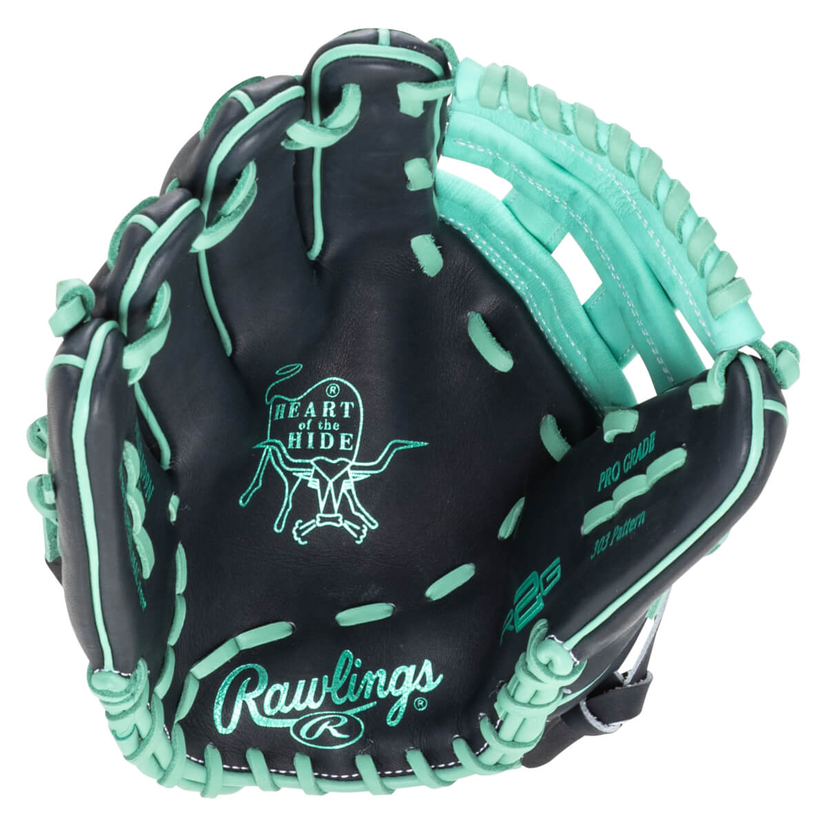 Top-down view of a black Rawlings baseball glove with mint green lacing and stitching, featuring "Heart of the Hide" and "Pro Grade 303 Pattern" text.