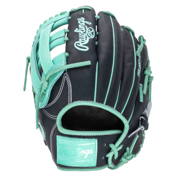 Front view of a black and teal Rawlings baseball glove with white stitching and "Rawlings" logo.