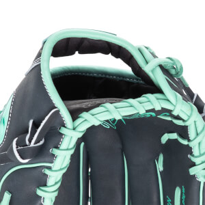 Close-up of a dark gray baseball glove with mint green lacing and stitching.