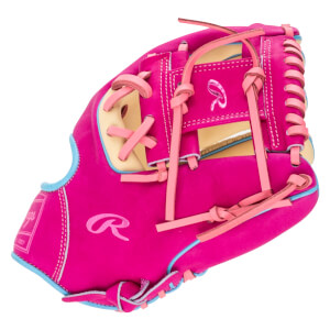 Back view of a bright pink Rawlings baseball glove featuring light blue piping, light pink laces, and a large 'R' logo on the back of the hand.