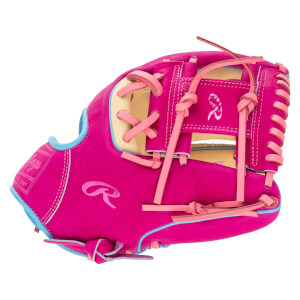 Back view of a bright pink Rawlings baseball glove featuring light blue trim, light pink laces, and pink "R" logos embroidered on the thumb and web.