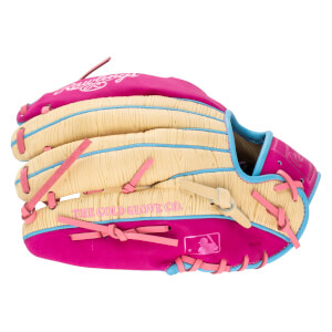 Back view of a pink and cream wood-grain baseball glove with light blue trim and the pink embroidered text THE GOLD GLOVE CO. and Rawlings logo.