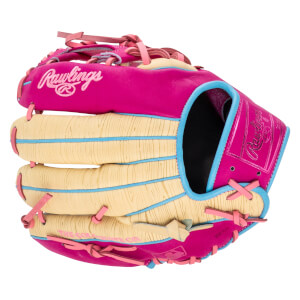 Back view of a hot pink and tan wood-grain baseball glove featuring light blue accents, pink laces, and pink "Rawlings" and "THE GOLD GLOVE CO." logos.
