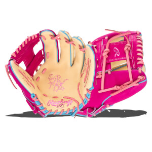 Front and back views of a hot pink and tan baseball glove with light blue trim, featuring the "HEART OF THE HIDE" logo and "Rawlings" script in pink.