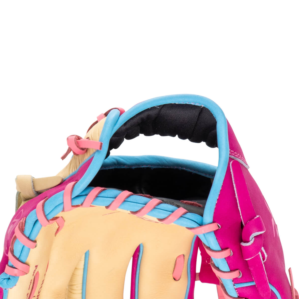 Close-up of the wrist opening showing a black padded strap, hot pink and tan leather, and light blue binding with pink laces.