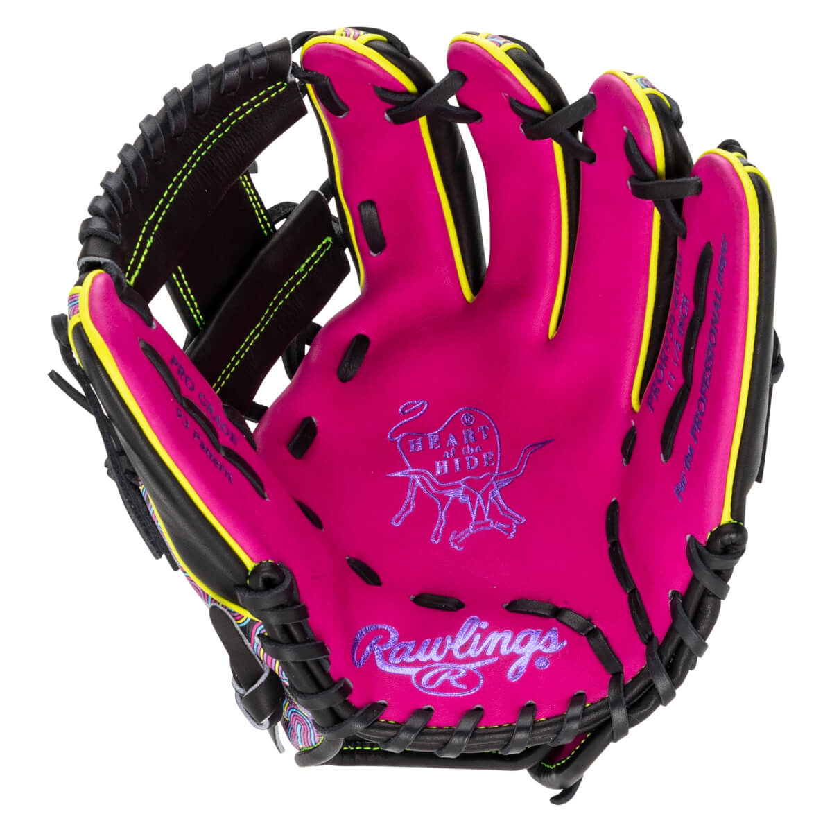Front view of a baseball glove with a hot pink palm, neon yellow accents, and purple Rawlings and Heart of the Hide logos.