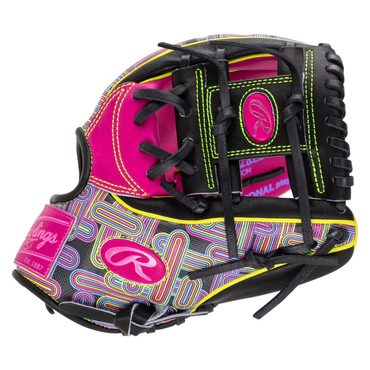 Side view of the Rawlings baseball glove featuring vibrant pink and black leather with neon maze patterns, yellow stitching, and the "R" and "Rawlings" logos.