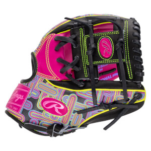 Side view of the Rawlings baseball glove featuring vibrant pink and black leather with neon maze patterns, yellow stitching, and the "R" and "Rawlings" logos.