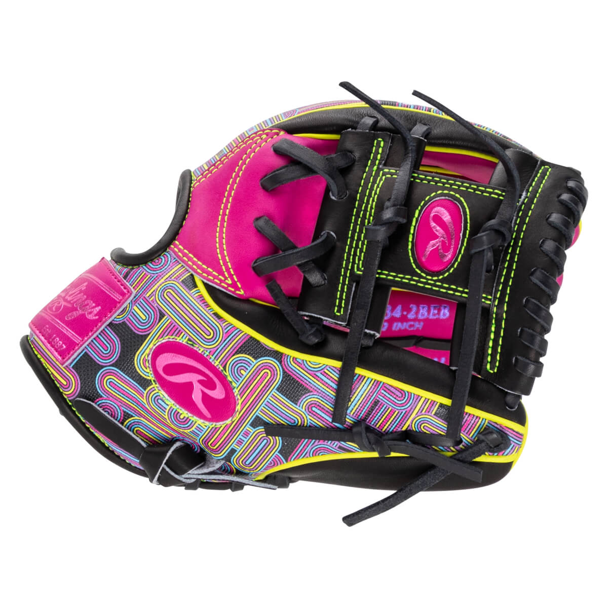 Back view of a baseball glove featuring a pink and blue geometric pattern, black leather with green stitching, and prominent pink "R" logos and "Rawlings" text.