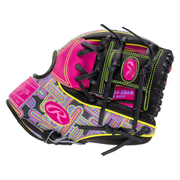 Back view of a baseball glove featuring a pink and blue geometric pattern, black leather with green stitching, and prominent pink "R" logos and "Rawlings" text.