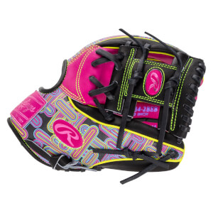 Back view of a baseball glove featuring a pink and blue geometric pattern, black leather with green stitching, and prominent pink "R" logos and "Rawlings" text.