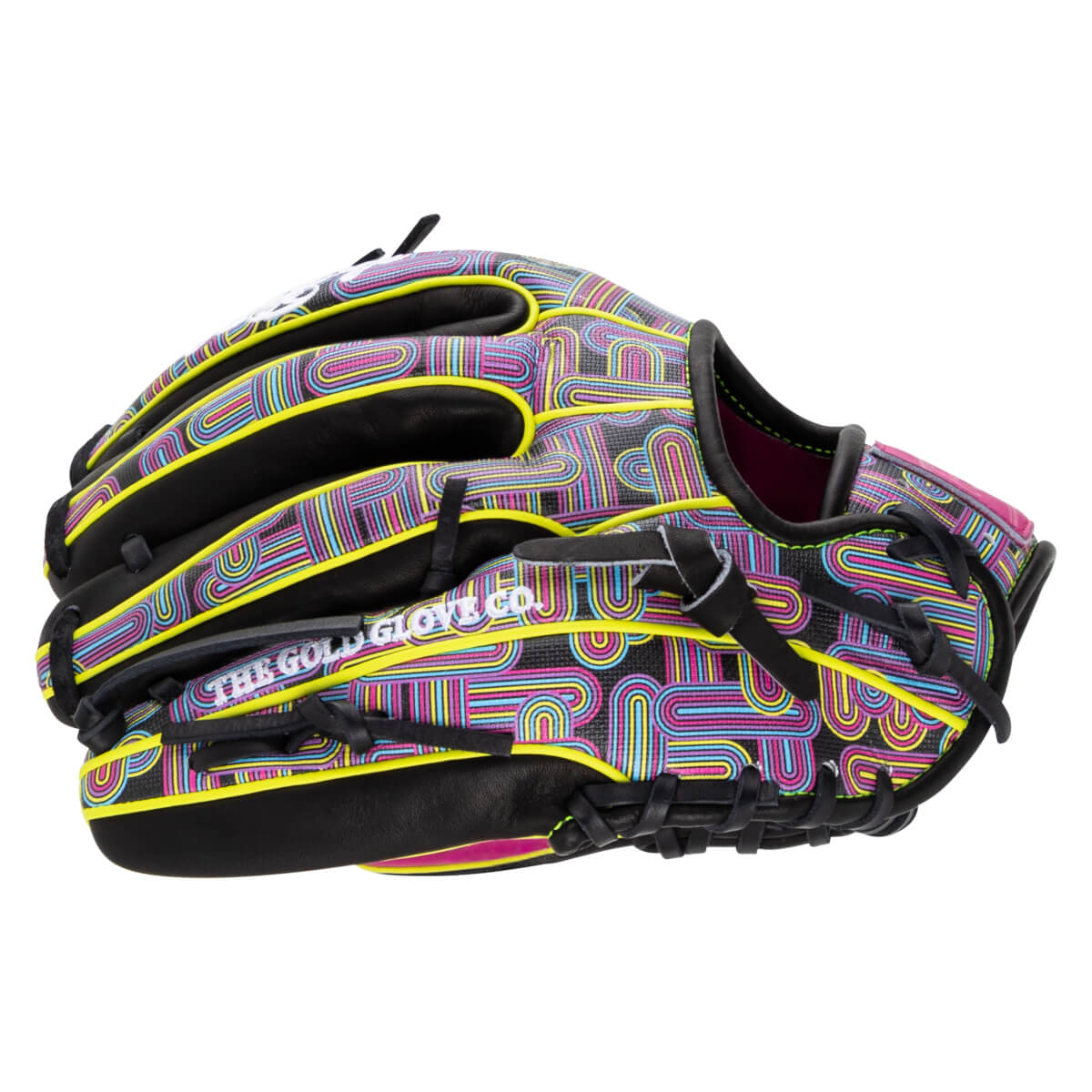 Back view of the glove featuring a neon pink, blue, and yellow geometric pattern on black leather and the white text "THE GOLD GLOVE CO."
