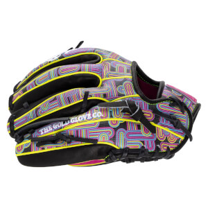 Back view of the glove featuring a neon pink, blue, and yellow geometric pattern on black leather and the white text "THE GOLD GLOVE CO."