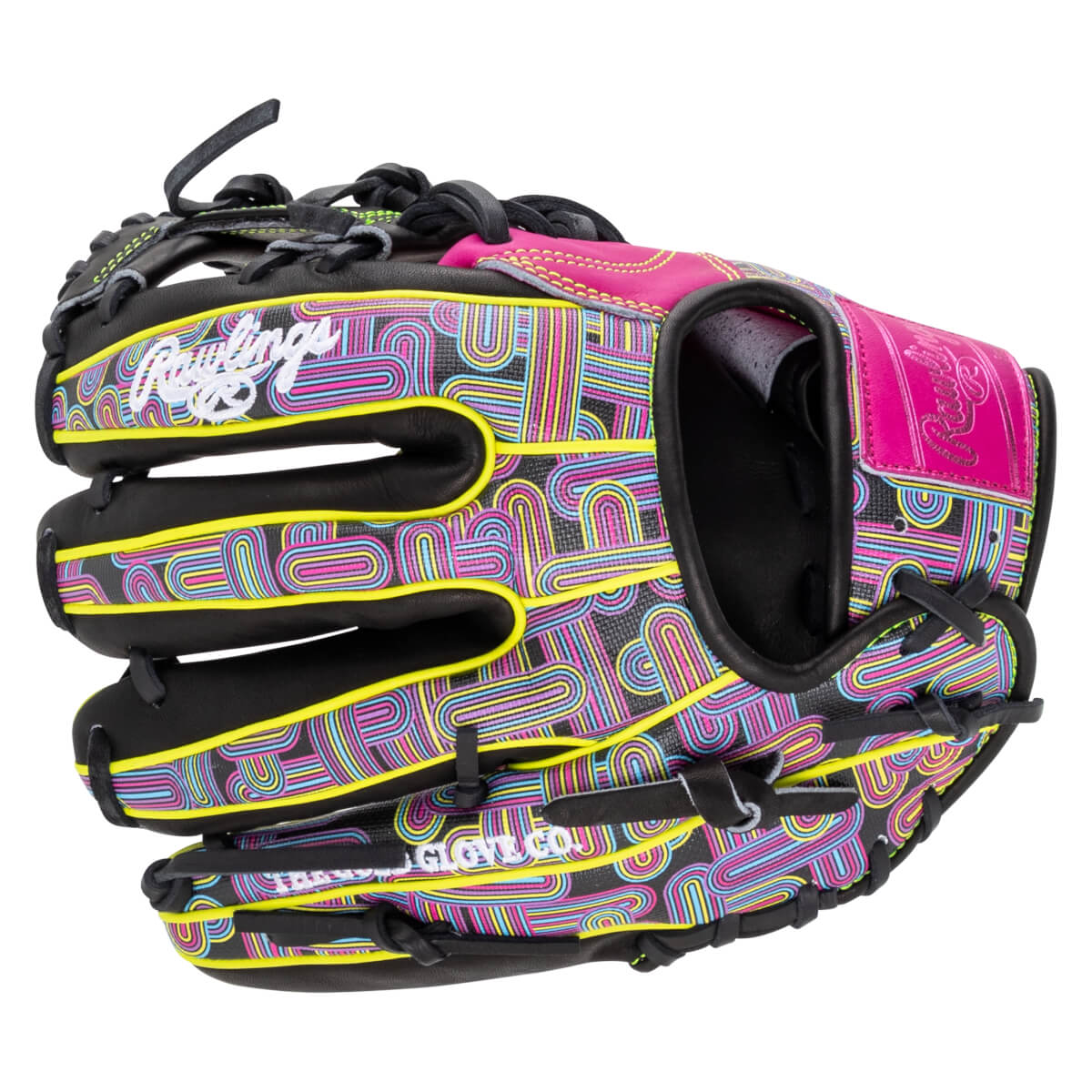 Back view of a baseball glove featuring a neon pink, blue, and yellow geometric pattern, a pink wrist strap, and the white Rawlings script logo.