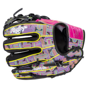 Back view of a baseball glove featuring a neon pink, blue, and yellow geometric pattern, a pink wrist strap, and the white Rawlings script logo.