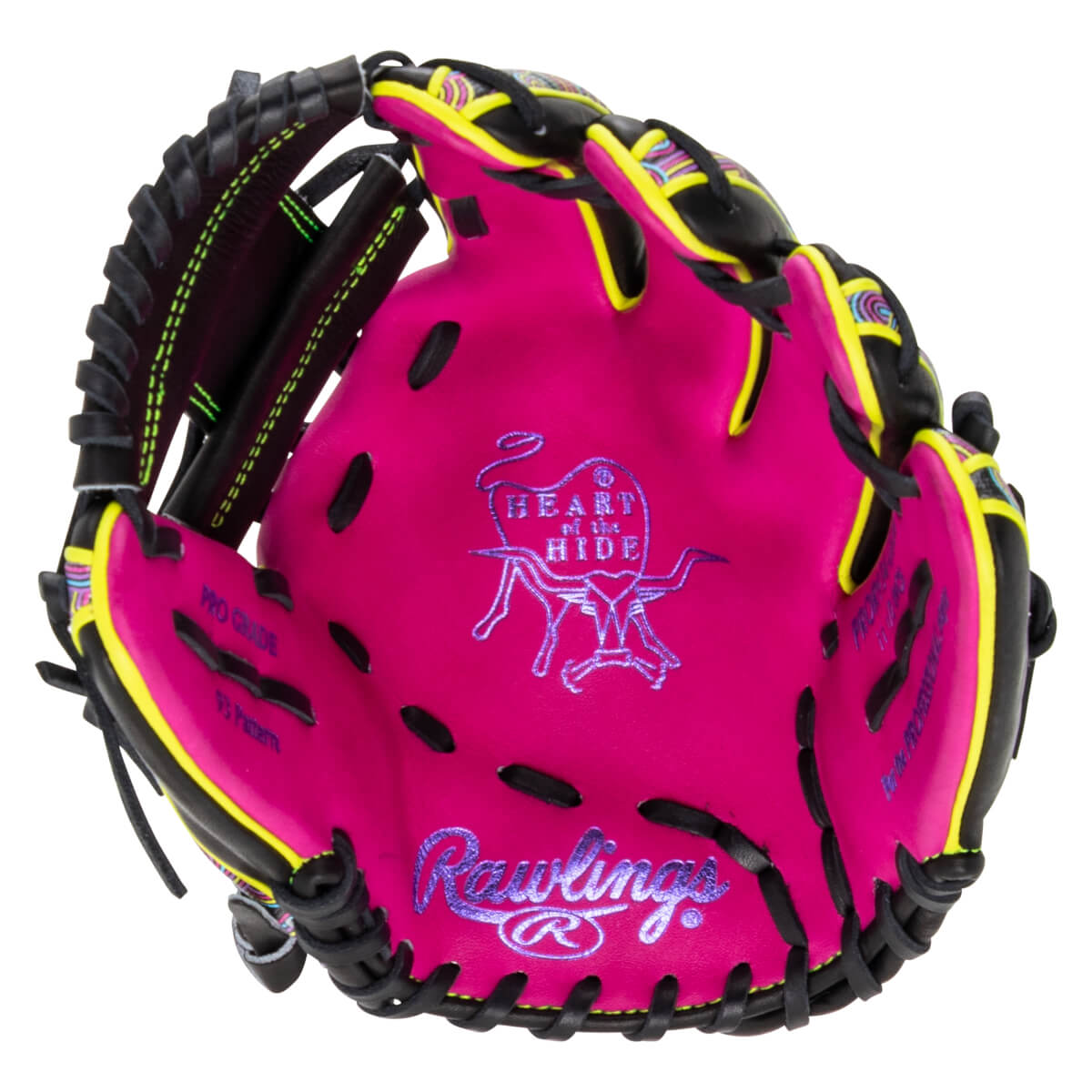 Palm view of a pink baseball glove with black and neon yellow trim, featuring purple Rawlings and HEART of the HIDE branding embroidered in the center pocket.